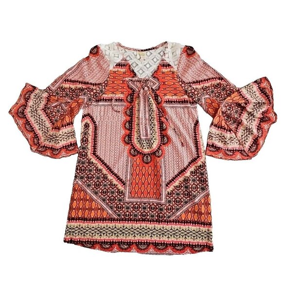 Fig & Flower Blouse Size Medium Red Floral Boho Peasant Tunic Lined Festival GUC - Picture 1 of 14